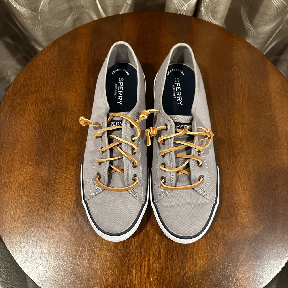 Sperry Gray Canvas Shoes with Tan Leather Laces